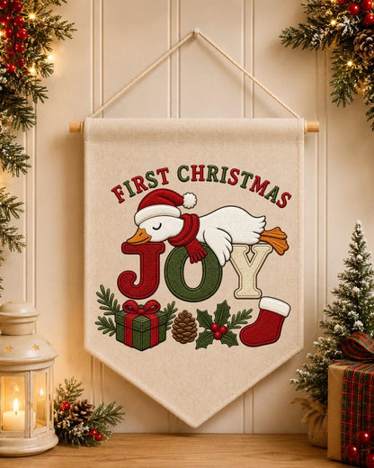 Personalized First Christmas Goose Wall Hanging, Custom Embroidered Banner, Christmas Joy Nursery Decor, Baby First Christmas Gift