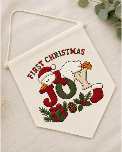 Personalized First Christmas Goose Wall Hanging, Custom Embroidered Banner, Christmas Joy Nursery Decor, Baby First Christmas Gift