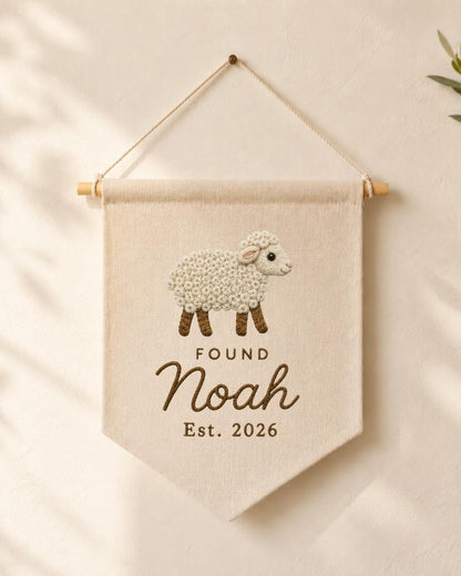 Personalized Lamb Nursery Wall Hanging, Custom Name Embroidered Banner, Found Sheep Baby Name Sign, Christian Nursery Decor,Baby Shower Gift