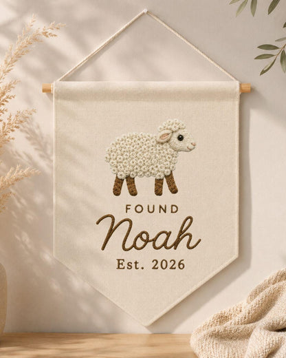 Personalized Lamb Nursery Wall Hanging, Custom Name Embroidered Banner, Found Sheep Baby Name Sign, Christian Nursery Decor,Baby Shower Gift