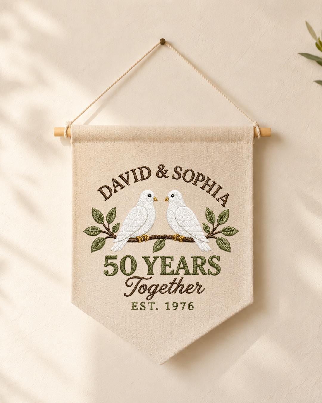 Personalized 50th Anniversary Wall Hanging, Custom Names Embroidered Banner, Golden Anniversary Gift, Dove Couple Keepsake, 50Years Together