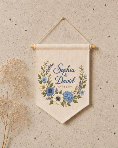 Personalized Wedding Wall Hanging, Custom Couple Names Embroidered Banner, Floral Wedding Date Decor, Anniversary Keepsake, Newlywed Gift