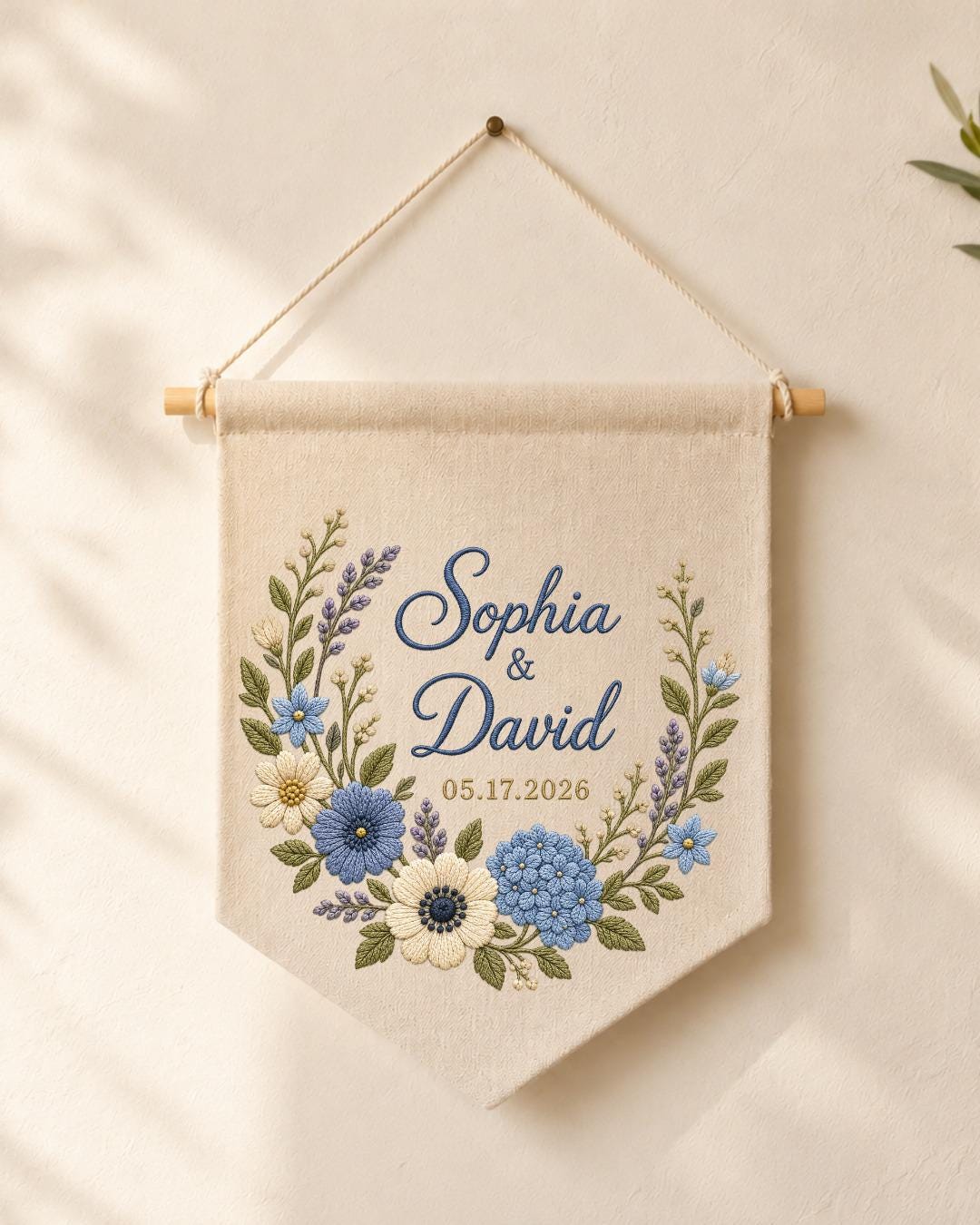 Personalized Wedding Wall Hanging, Custom Couple Names Embroidered Banner, Floral Wedding Date Decor, Anniversary Keepsake, Newlywed Gift