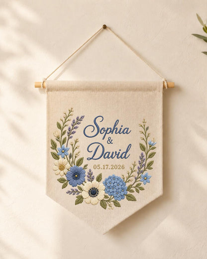 Personalized Wedding Wall Hanging, Custom Couple Names Embroidered Banner, Floral Wedding Date Decor, Anniversary Keepsake, Newlywed Gift
