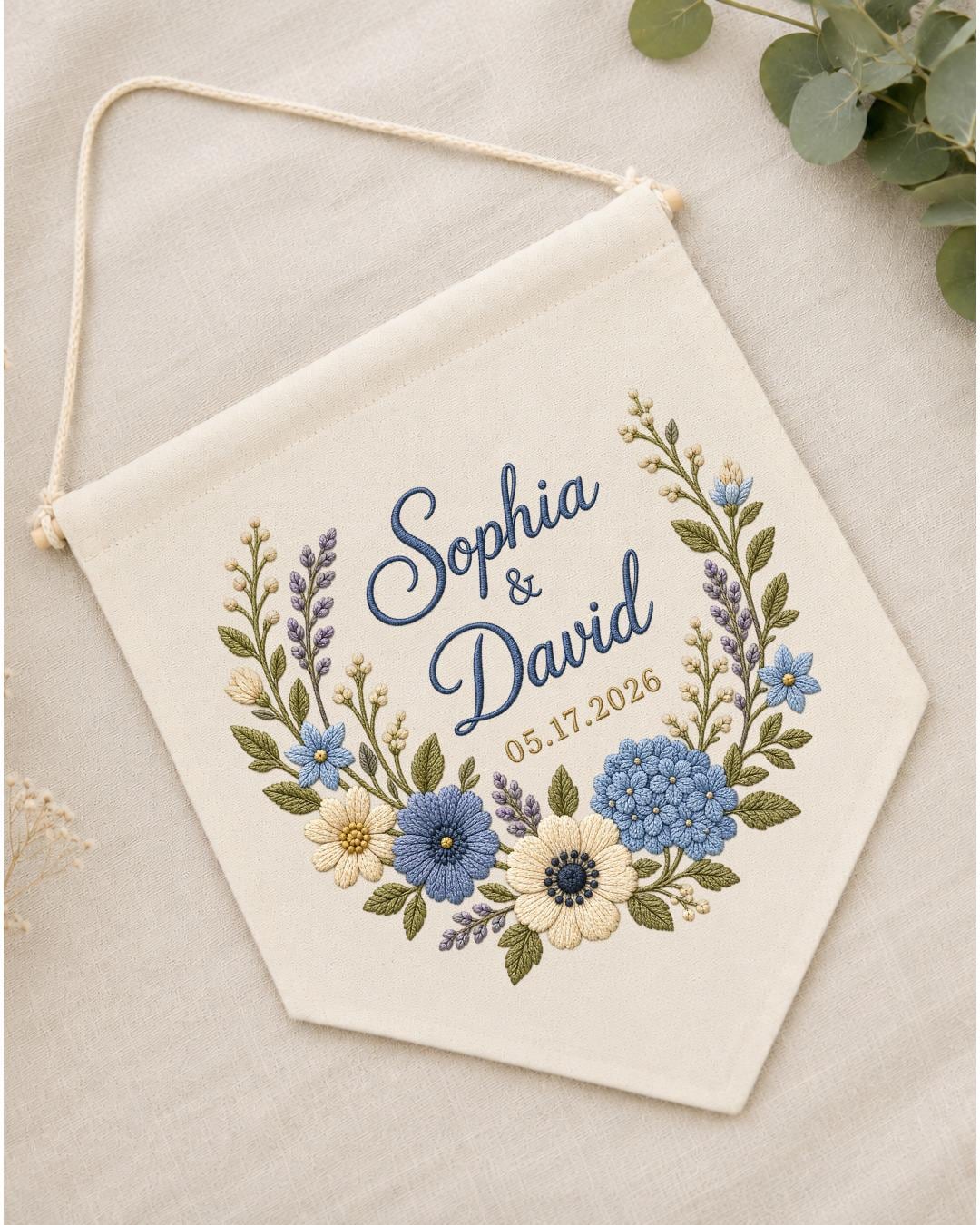 Personalized Wedding Wall Hanging, Custom Couple Names Embroidered Banner, Floral Wedding Date Decor, Anniversary Keepsake, Newlywed Gift