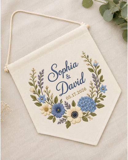 Personalized Wedding Wall Hanging, Custom Couple Names Embroidered Banner, Floral Wedding Date Decor, Anniversary Keepsake, Newlywed Gift