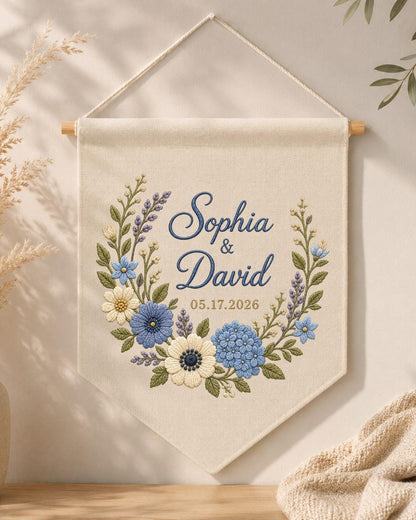 Personalized Wedding Wall Hanging, Custom Couple Names Embroidered Banner, Floral Wedding Date Decor, Anniversary Keepsake, Newlywed Gift