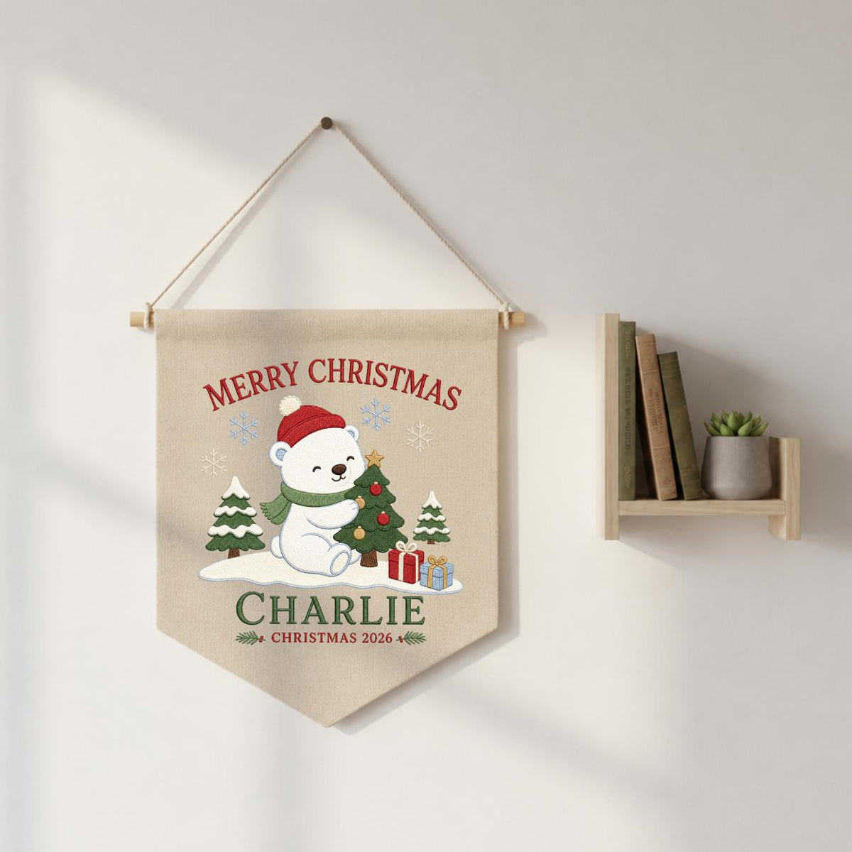 Custom Christmas Pennant Banner, Charlie Name Holiday Wall Decor, Polar Bear and Christmas Tree Embroidery, Festive Nursery Gift