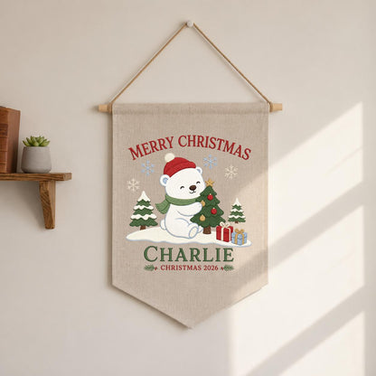 Custom Christmas Pennant Banner, Charlie Name Holiday Wall Decor, Polar Bear and Christmas Tree Embroidery, Festive Nursery Gift