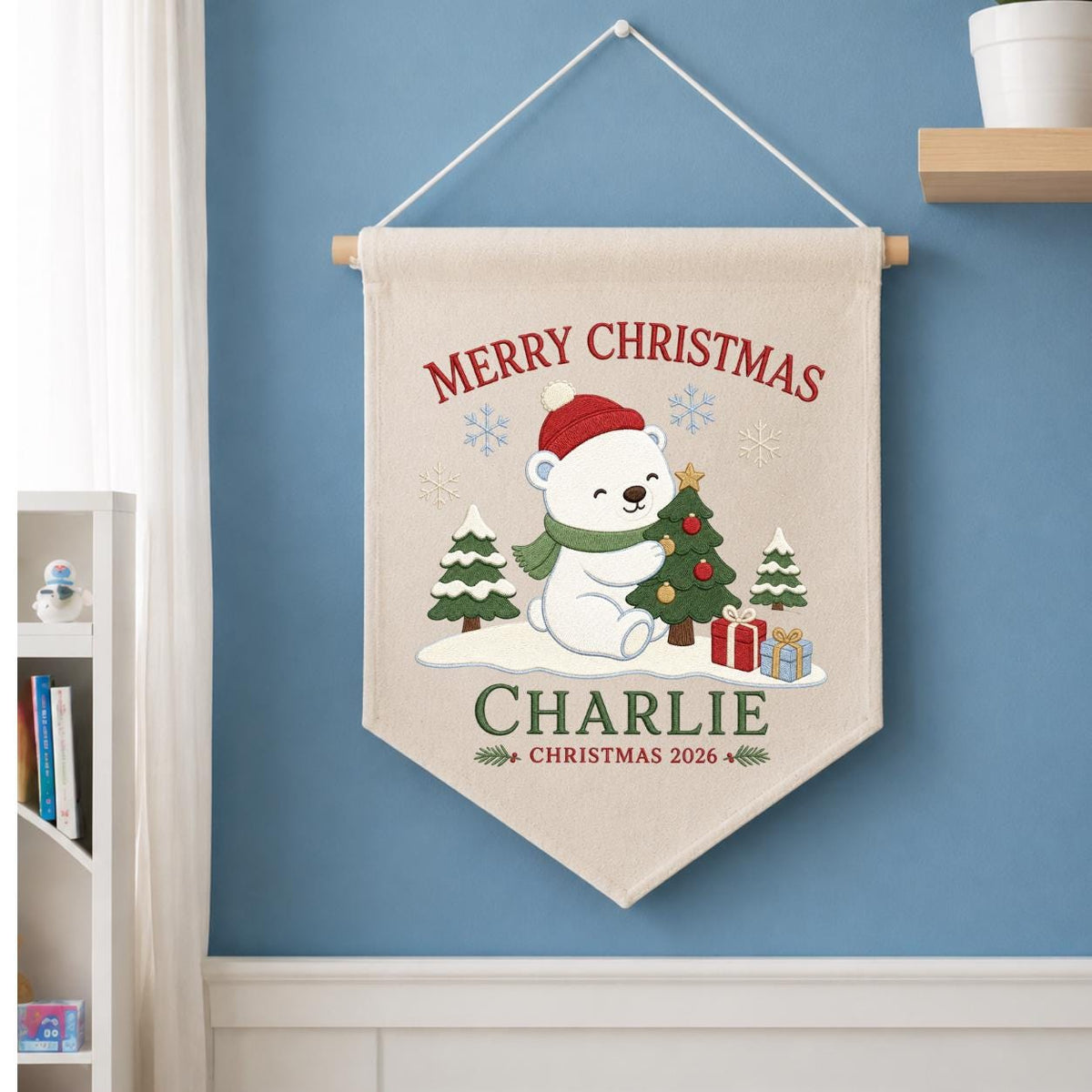 Custom Christmas Pennant Banner, Charlie Name Holiday Wall Decor, Polar Bear and Christmas Tree Embroidery, Festive Nursery Gift