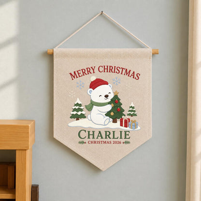 Custom Christmas Pennant Banner, Charlie Name Holiday Wall Decor, Polar Bear and Christmas Tree Embroidery, Festive Nursery Gift