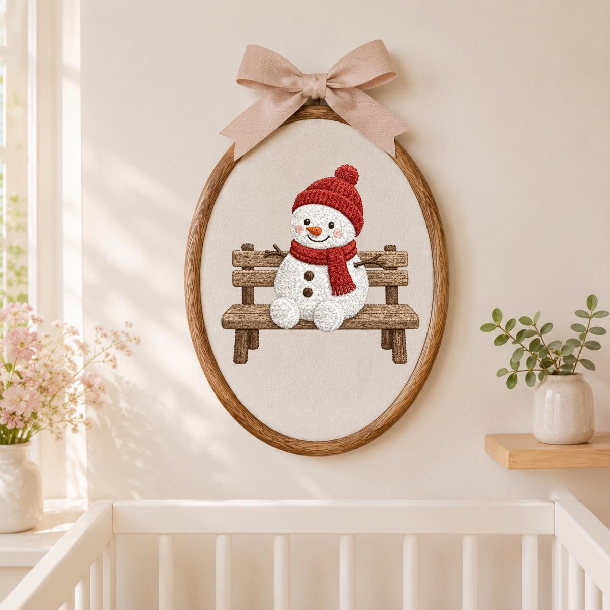 Embroidered Snowman Sitting on Wooden Bench Oval Hoop Decor, Cozy Winter Christmas Wall Hanging Sign, Cute Holiday Nursery Gift