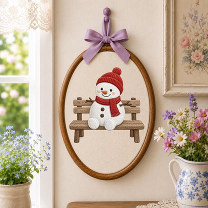 Embroidered Snowman Sitting on Wooden Bench Oval Hoop Decor, Cozy Winter Christmas Wall Hanging Sign, Cute Holiday Nursery Gift