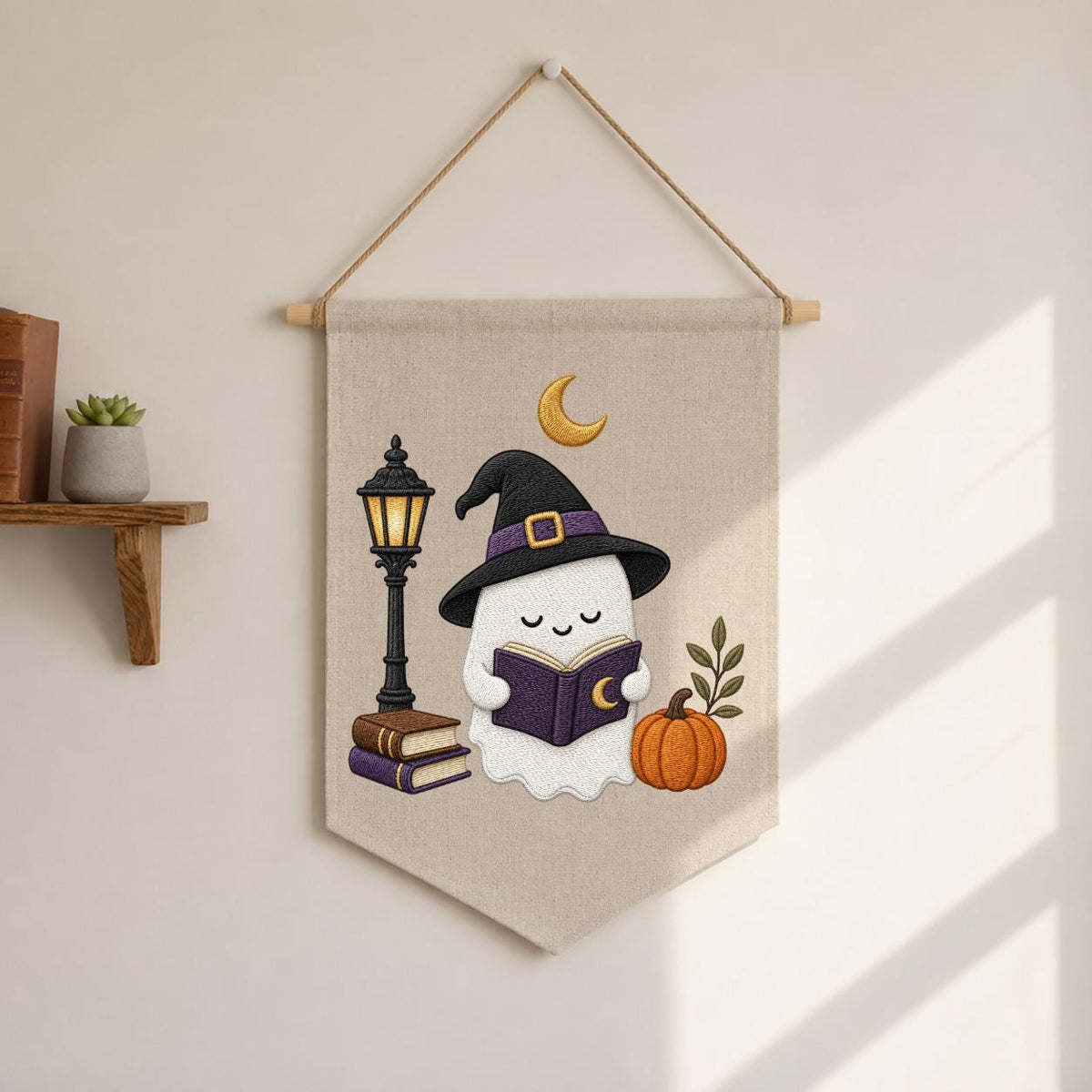 Cute Halloween Ghost Canvas Pennant Banner Decor, Embroidered Book Lover Witch Hat Pumpkin Lamppost Wall Hanging Sign, Spooky Fall Gift