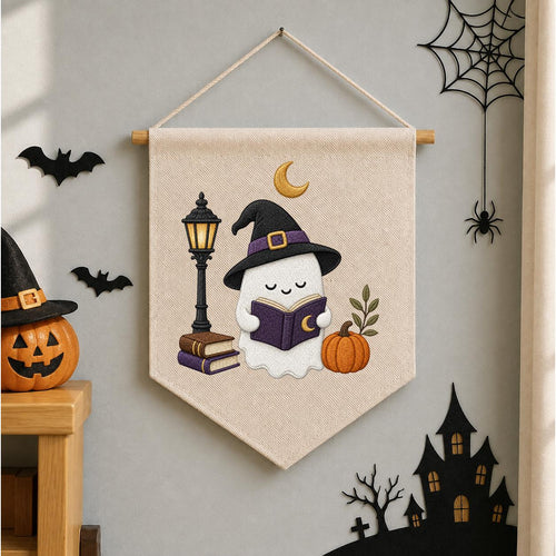 Cute Halloween Ghost Canvas Pennant Banner Decor, Embroidered Book Lover Witch Hat Pumpkin Lamppost Wall Hanging Sign, Spooky Fall Gift