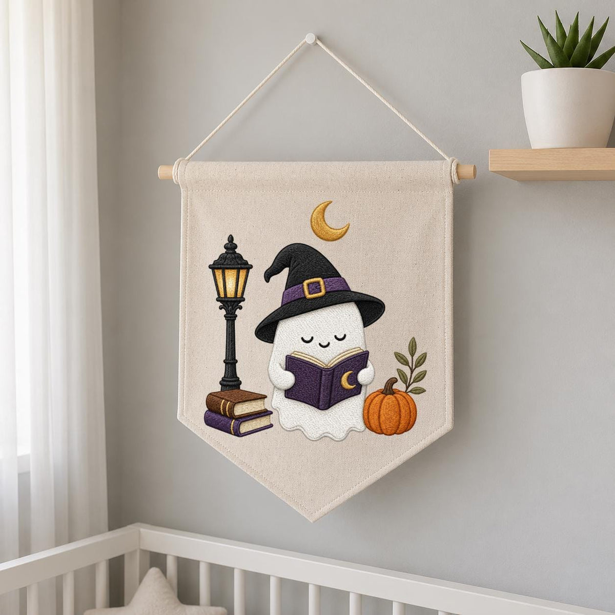 Cute Halloween Ghost Canvas Pennant Banner Decor, Embroidered Book Lover Witch Hat Pumpkin Lamppost Wall Hanging Sign, Spooky Fall Gift