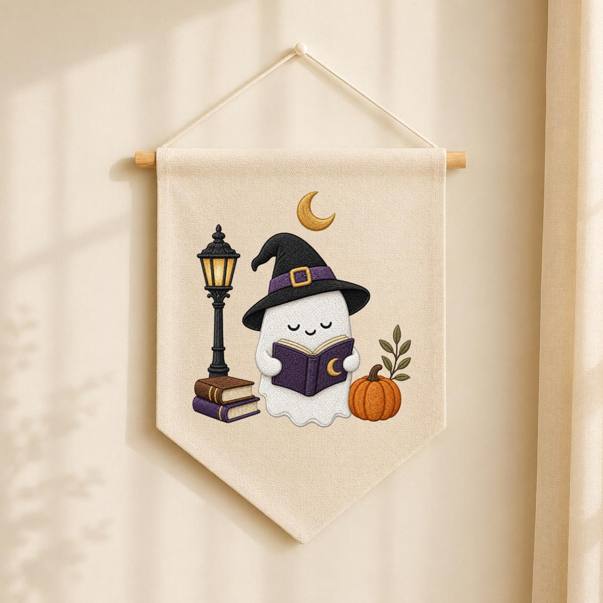 Cute Halloween Ghost Canvas Pennant Banner Decor, Embroidered Book Lover Witch Hat Pumpkin Lamppost Wall Hanging Sign, Spooky Fall Gift