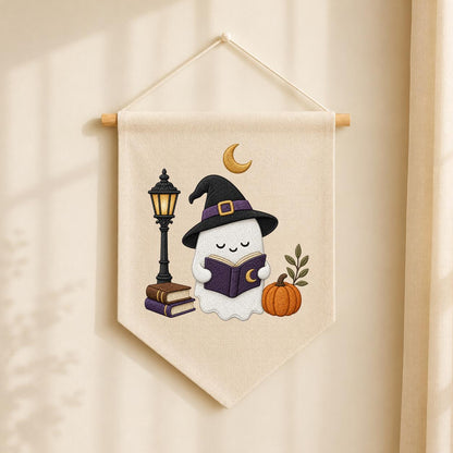 Cute Halloween Ghost Canvas Pennant Banner Decor, Embroidered Book Lover Witch Hat Pumpkin Lamppost Wall Hanging Sign, Spooky Fall Gift