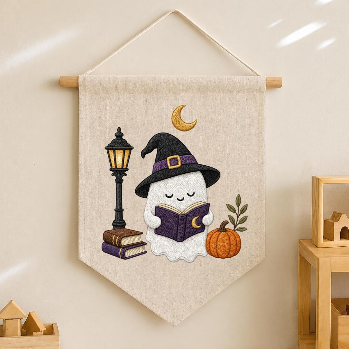 Cute Halloween Ghost Canvas Pennant Banner Decor, Embroidered Book Lover Witch Hat Pumpkin Lamppost Wall Hanging Sign, Spooky Fall Gift