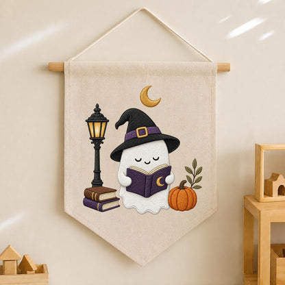 Cute Halloween Ghost Canvas Pennant Banner Decor, Embroidered Book Lover Witch Hat Pumpkin Lamppost Wall Hanging Sign, Spooky Fall Gift