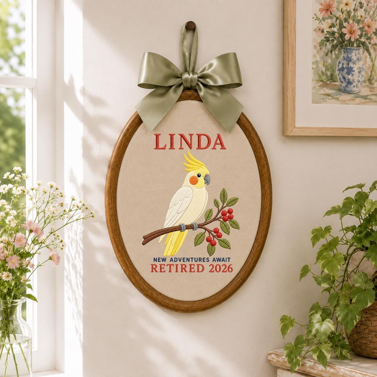 Personalized Cockatiel Retired 2026 Oval Hoop Art, Custom Name Embroidered Bird New Adventures Await Coworker Retirement Gift Sign