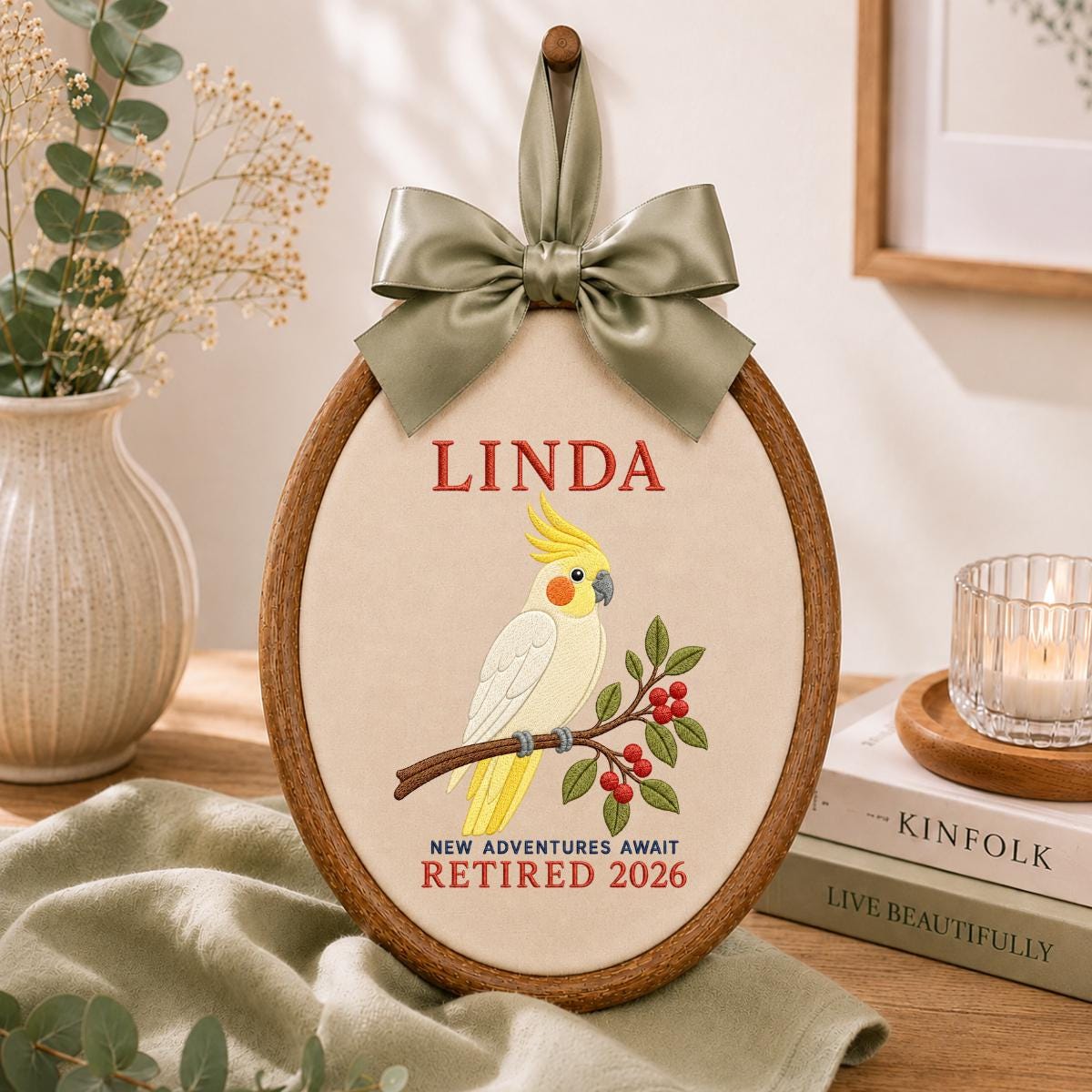 Personalized Cockatiel Retired 2026 Oval Hoop Art, Custom Name Embroidered Bird New Adventures Await Coworker Retirement Gift Sign
