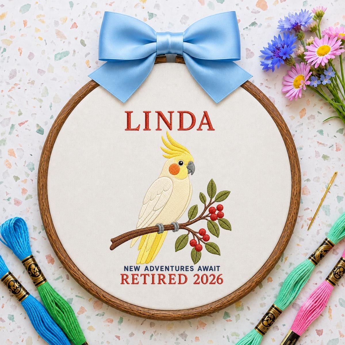 Personalized Cockatiel Retired 2026 Oval Hoop Art, Custom Name Embroidered Bird New Adventures Await Coworker Retirement Gift Sign