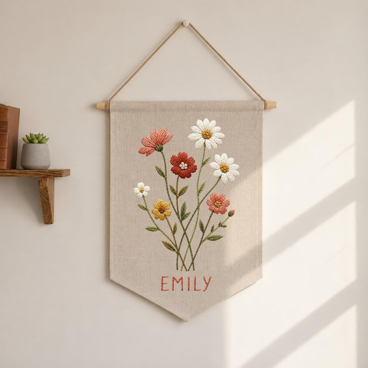 Personalized Wildflower Canvas Pennant Banner, Custom Name Embroidered Daisy Floral Bouquet Baby Girl Nursery Wall Hanging Sign