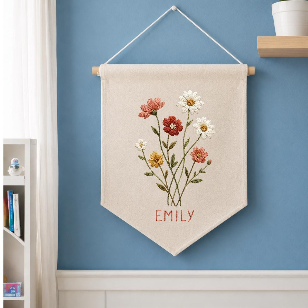 Personalized Wildflower Canvas Pennant Banner, Custom Name Embroidered Daisy Floral Bouquet Baby Girl Nursery Wall Hanging Sign