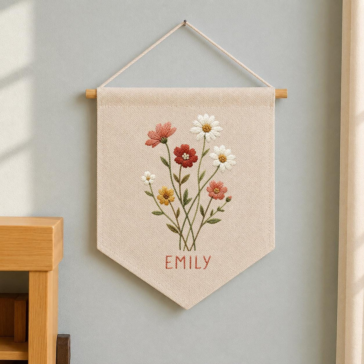Personalized Wildflower Canvas Pennant Banner, Custom Name Embroidered Daisy Floral Bouquet Baby Girl Nursery Wall Hanging Sign