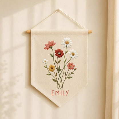 Personalized Wildflower Canvas Pennant Banner, Custom Name Embroidered Daisy Floral Bouquet Baby Girl Nursery Wall Hanging Sign