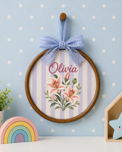 Personalized Lily Flower Embroidered Ornament, Custom Birth Flower Name Sign, Floral Nursery Wall Decor, Baby Girl Gift, Keepsake