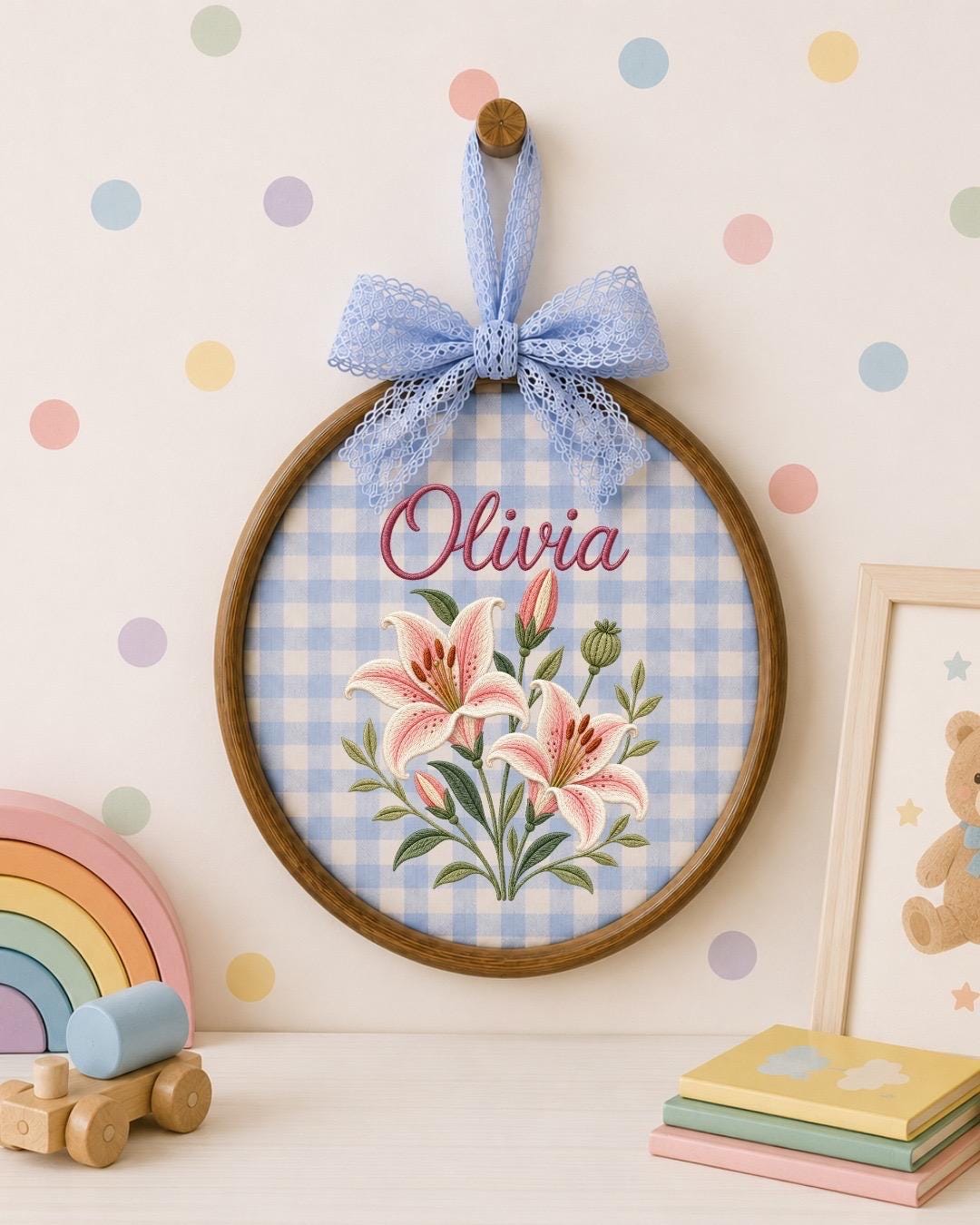 Personalized Lily Flower Embroidered Ornament, Custom Birth Flower Name Sign, Floral Nursery Wall Decor, Baby Girl Gift, Keepsake