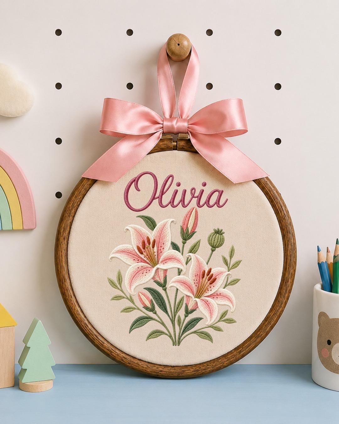 Personalized Lily Flower Embroidered Ornament, Custom Birth Flower Name Sign, Floral Nursery Wall Decor, Baby Girl Gift, Keepsake