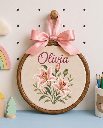 Personalized Lily Flower Embroidered Ornament, Custom Birth Flower Name Sign, Floral Nursery Wall Decor, Baby Girl Gift, Keepsake