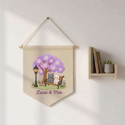 Personalized Cat Lovers Canvas Pennant Banner Decor, Custom Embroidered Grey and White Kitten Purple Tree Wall Hanging Sign, Pet Gift
