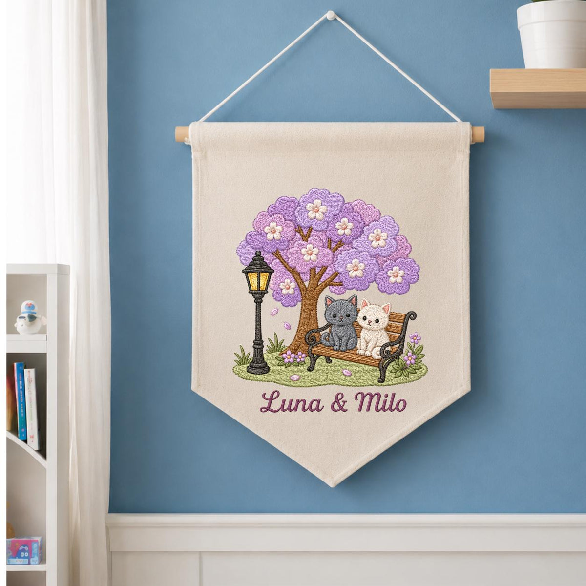 Personalized Cat Lovers Canvas Pennant Banner Decor, Custom Embroidered Grey and White Kitten Purple Tree Wall Hanging Sign, Pet Gift