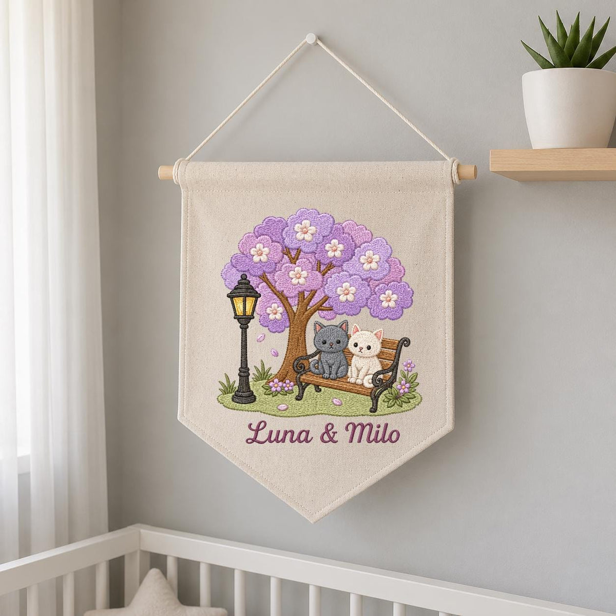 Personalized Cat Lovers Canvas Pennant Banner Decor, Custom Embroidered Grey and White Kitten Purple Tree Wall Hanging Sign, Pet Gift