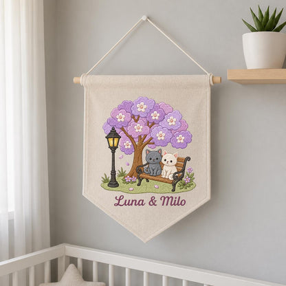 Personalized Cat Lovers Canvas Pennant Banner Decor, Custom Embroidered Grey and White Kitten Purple Tree Wall Hanging Sign, Pet Gift