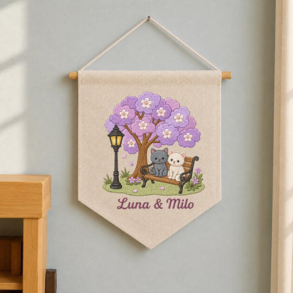 Personalized Cat Lovers Canvas Pennant Banner Decor, Custom Embroidered Grey and White Kitten Purple Tree Wall Hanging Sign, Pet Gift