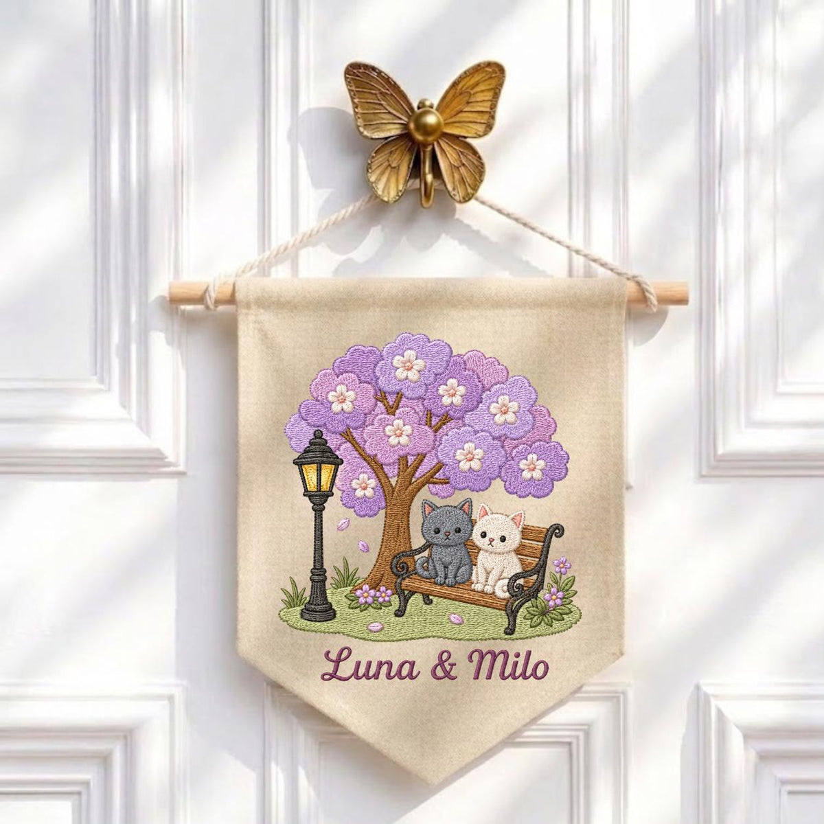 Personalized Cat Lovers Canvas Pennant Banner Decor, Custom Embroidered Grey and White Kitten Purple Tree Wall Hanging Sign, Pet Gift