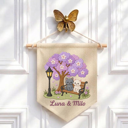 Personalized Cat Lovers Canvas Pennant Banner Decor, Custom Embroidered Grey and White Kitten Purple Tree Wall Hanging Sign, Pet Gift