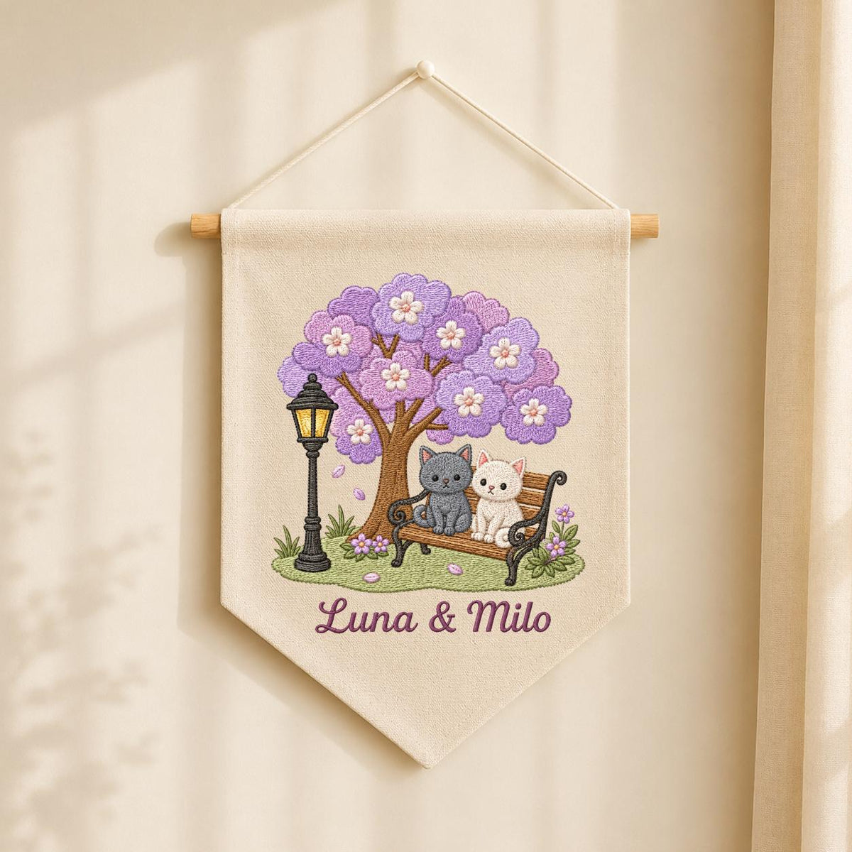 Personalized Cat Lovers Canvas Pennant Banner Decor, Custom Embroidered Grey and White Kitten Purple Tree Wall Hanging Sign, Pet Gift