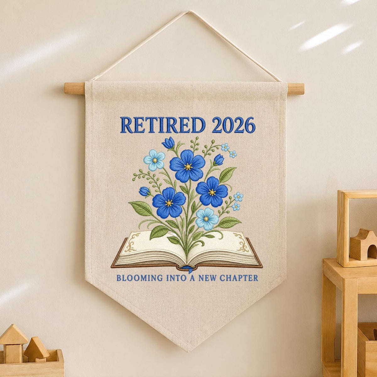 Blooming Into A New Chapter Retired 2026 Canvas Banner Decor, Custom Embroidered Blue Floral Book Wall Sign, Book Lover Retire Gift
