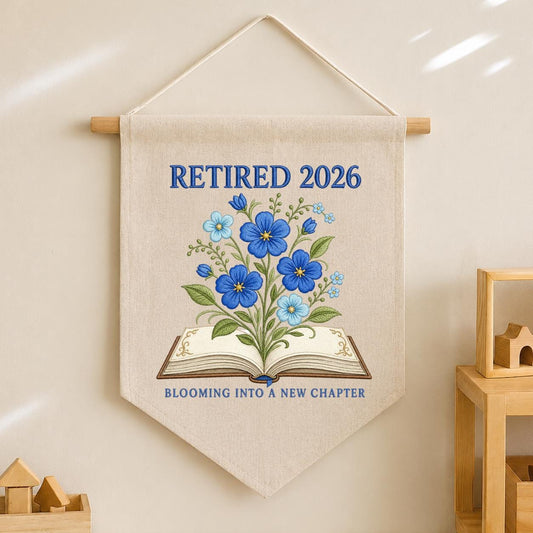 Blooming Into A New Chapter Retired 2026 Canvas Banner Decor, Custom Embroidered Blue Floral Book Wall Sign, Book Lover Retire Gift