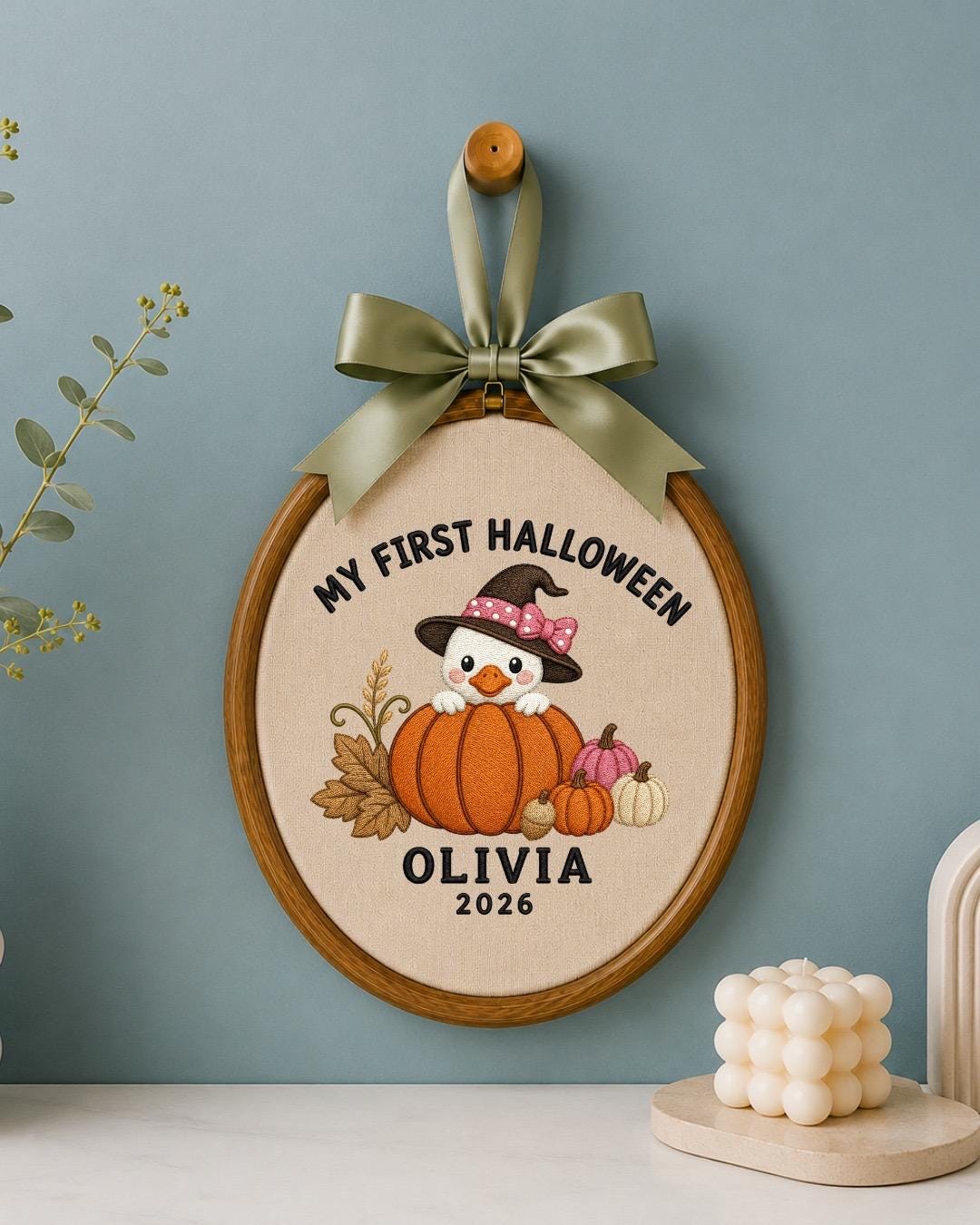 Personalized First Halloween Embroidered Ornament, Custom Baby Halloween Keepsake, Pumpkin Duck Decor, Baby Girl Halloween Gift