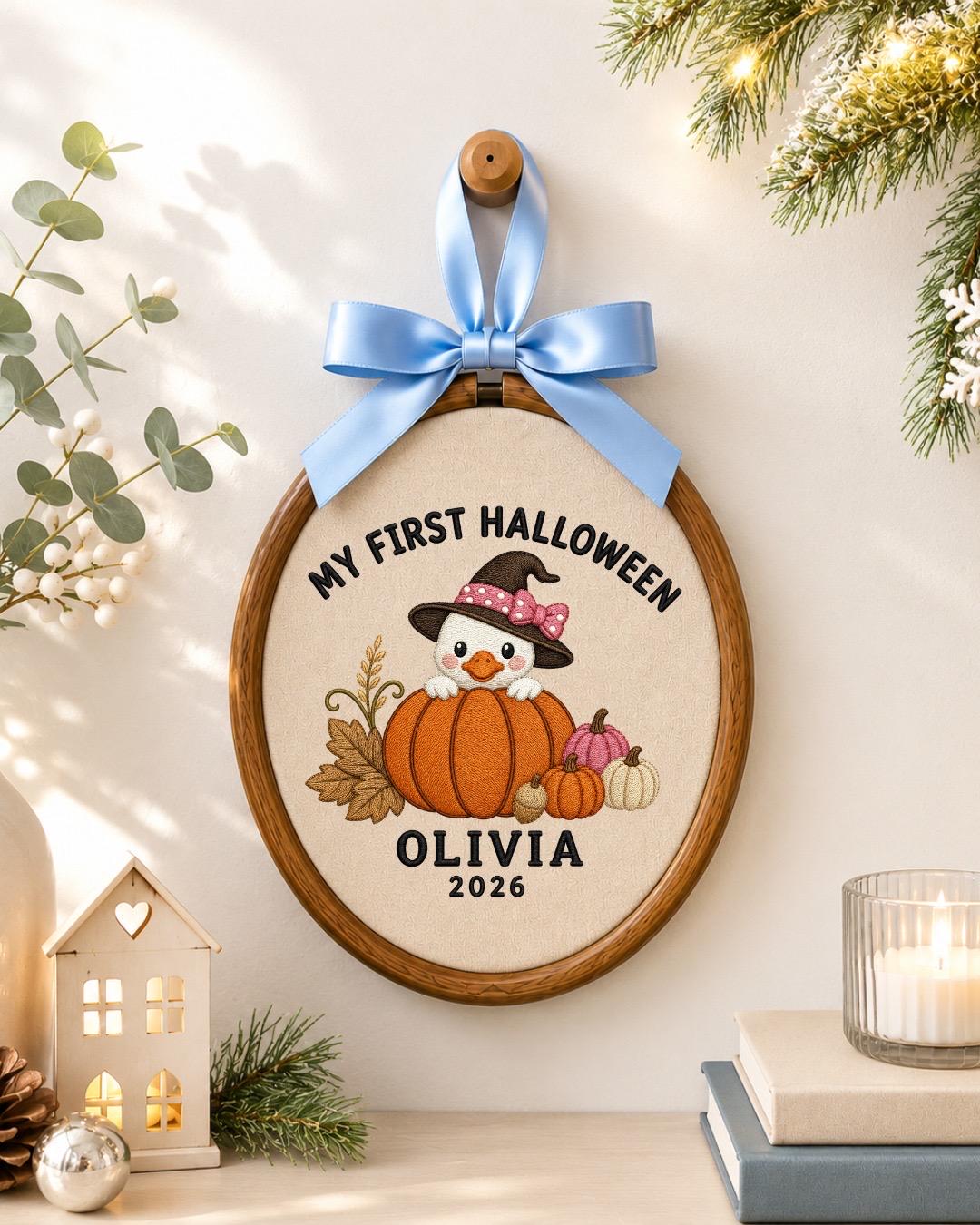Personalized First Halloween Embroidered Ornament, Custom Baby Halloween Keepsake, Pumpkin Duck Decor, Baby Girl Halloween Gift