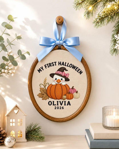Personalized First Halloween Embroidered Ornament, Custom Baby Halloween Keepsake, Pumpkin Duck Decor, Baby Girl Halloween Gift