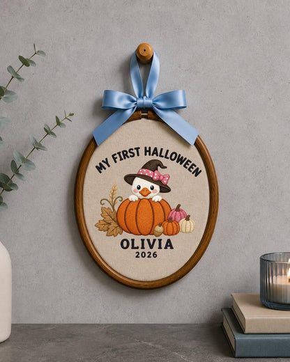 Personalized First Halloween Embroidered Ornament, Custom Baby Halloween Keepsake, Pumpkin Duck Decor, Baby Girl Halloween Gift