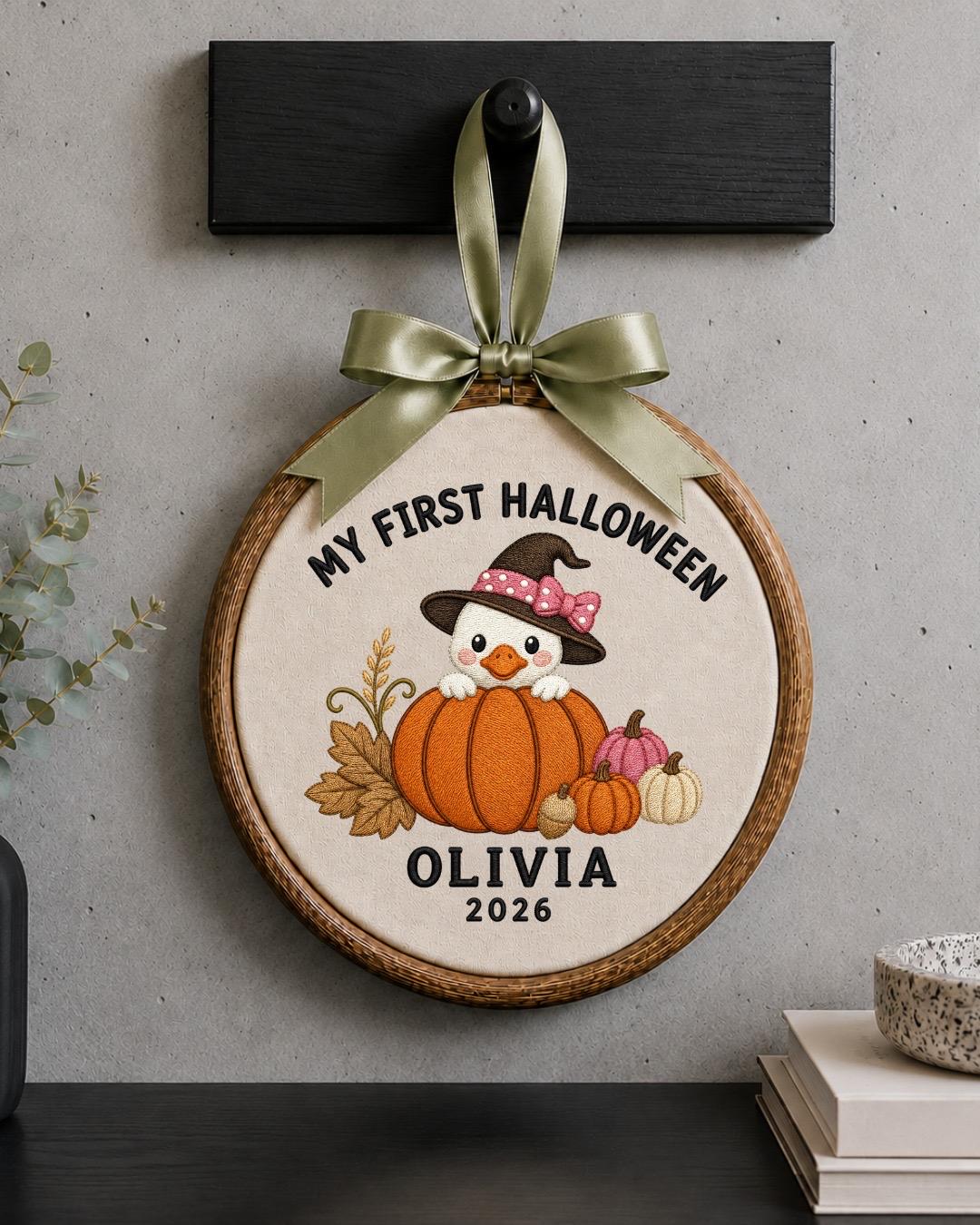 Personalized First Halloween Embroidered Ornament, Custom Baby Halloween Keepsake, Pumpkin Duck Decor, Baby Girl Halloween Gift